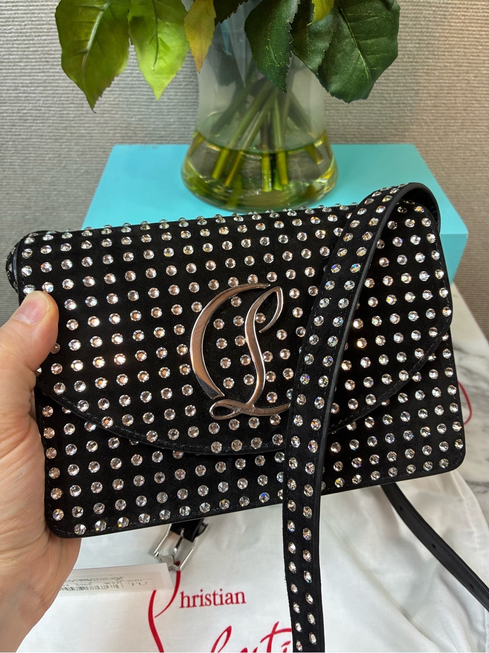 Christian Louboutin Loubi54 Crystal Studded Black Suede Strass Shoulder Bag NWT - Picture 3 of 13